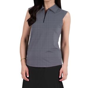 NWT IBKUL Sleeveless Zip Polo Mini Ceck Black & White Top Size Medium